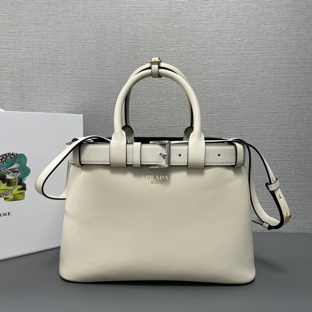 Pra*a buckle large leather handbag with belt-32*23*11cm