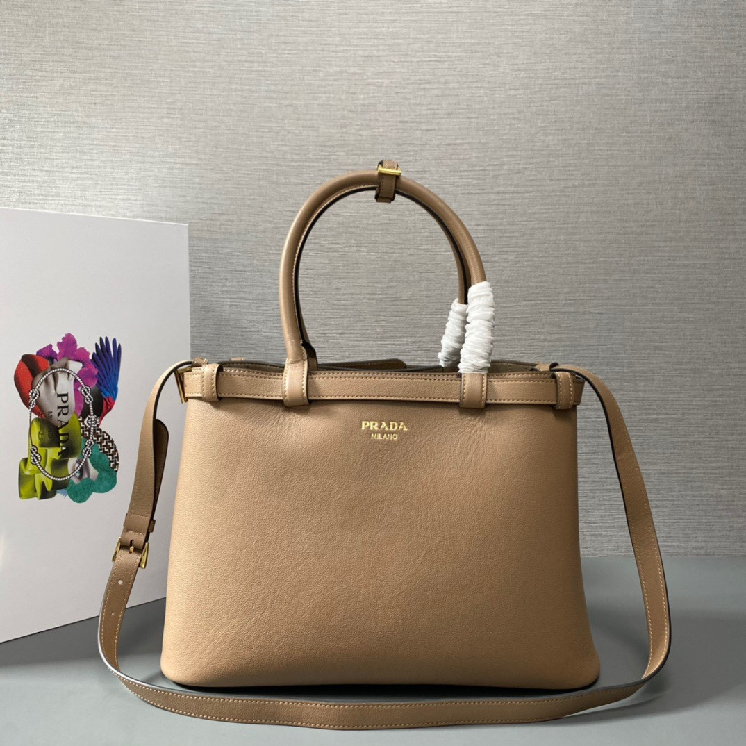 Pra*a buckle leather handbag with double belt-35*25*14cm