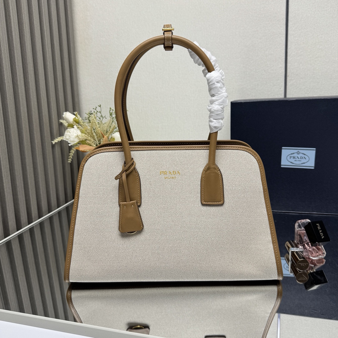 Pra*a medium linen blend and leather tote bag - 35*22.5*18cm
